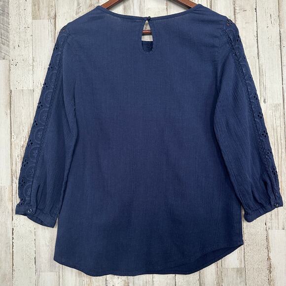 NWOT Sonoma Life Style Blouse Small Navy Lace Boho Cottagecore Flowy 100 Cotton - Picture 2 of 8